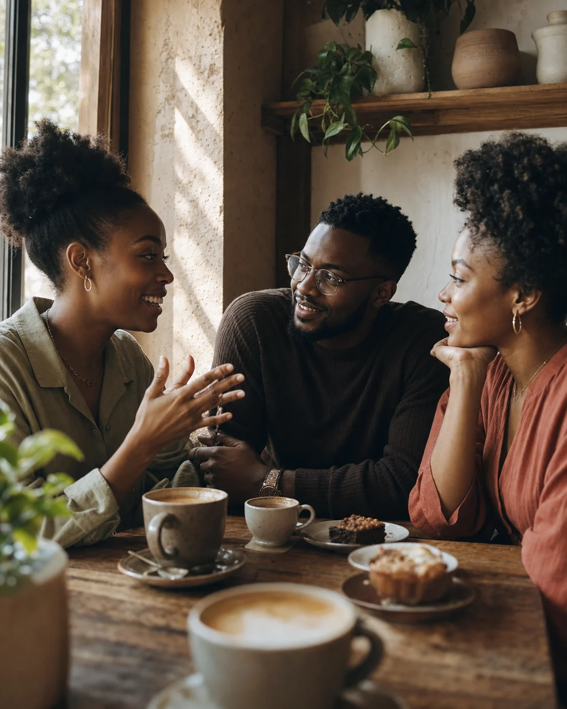 Three Nigerian friends sharing coffee and conversation