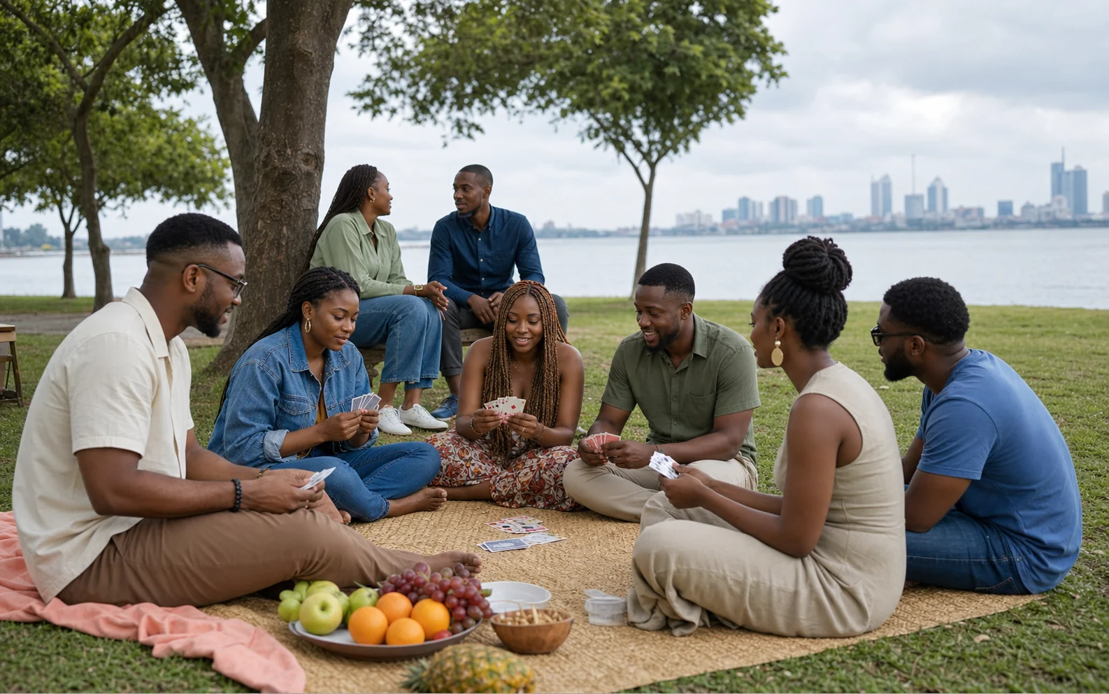 Nigerian friends playing cards at a waterfront picnic
